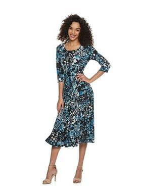 Nina Leonard Blue and Black Patterned Long Sleeve Dress